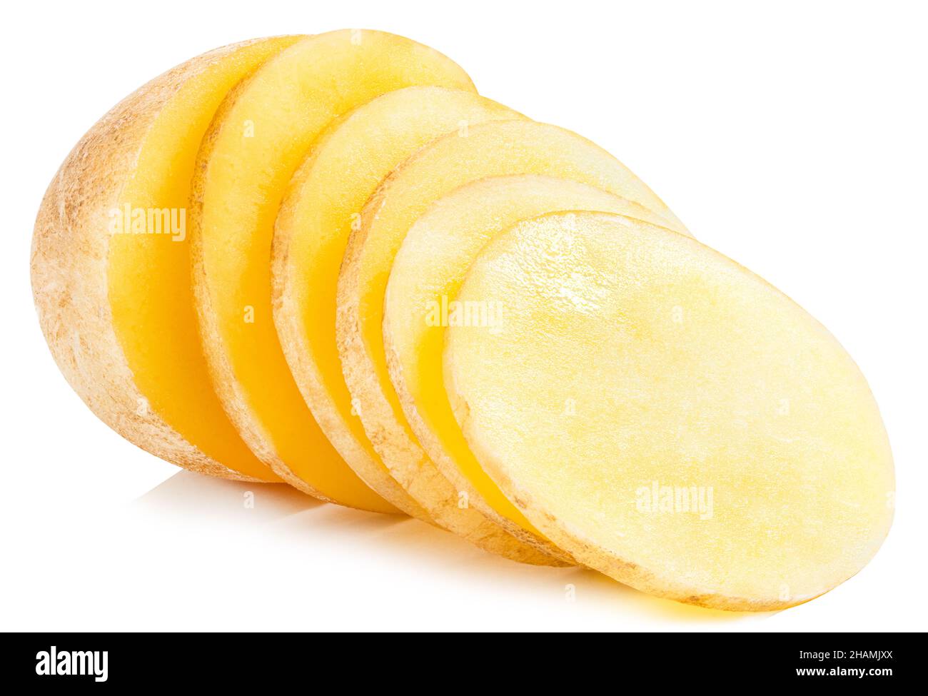 Sliced potatoes. Cut raw potato vegetables isolated on white background with clipping Stock