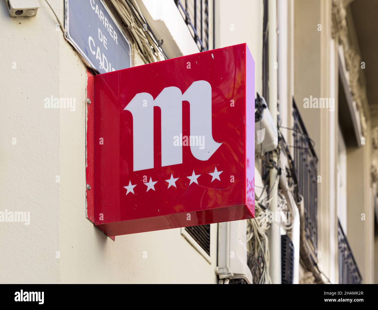 VALENCIA, SPAIN - DECEMBER 09, 2021: Mahou is a Spanish brewery founded in Madrid in 1890 Stock Photo