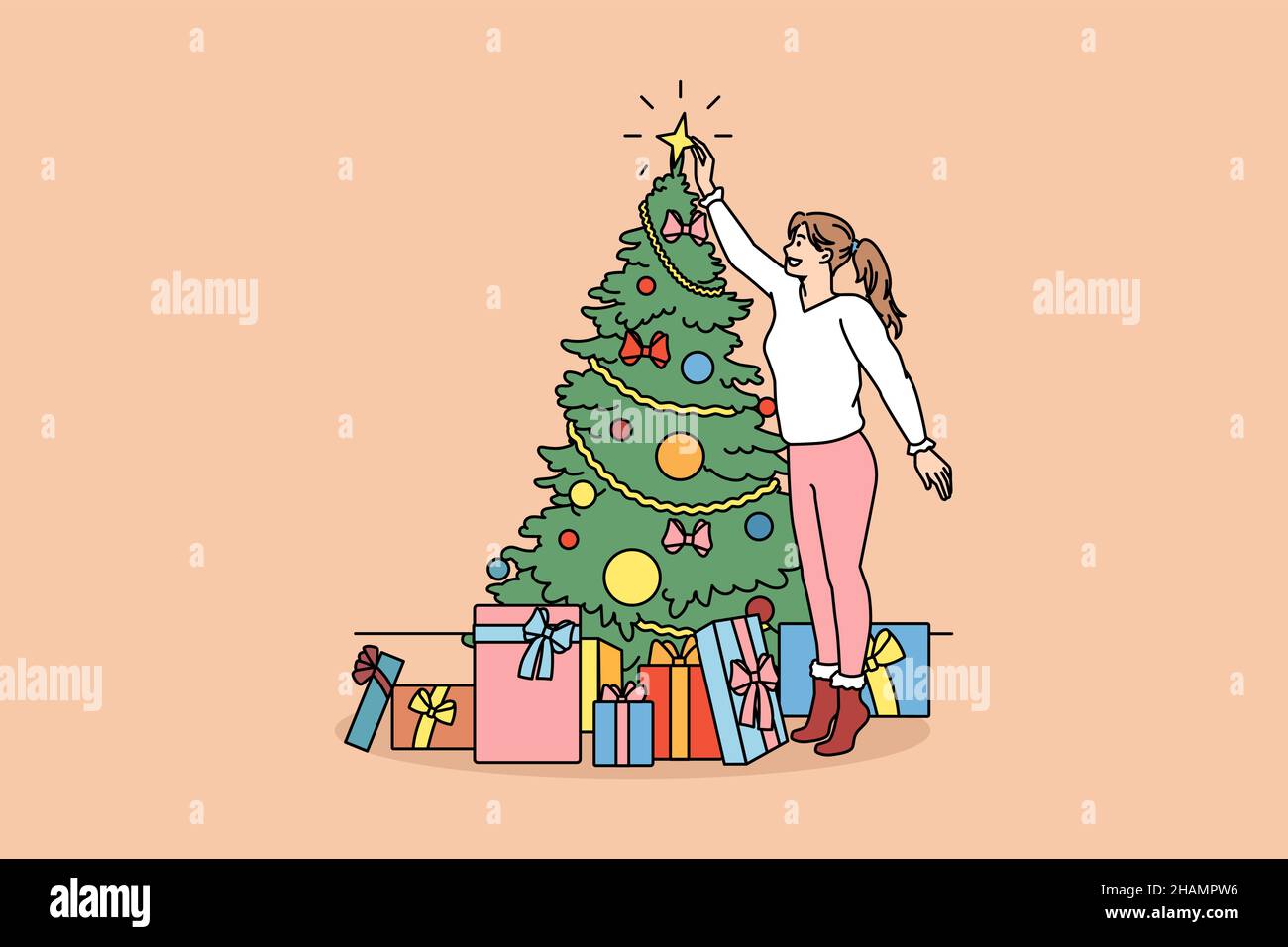 Decorating and preparing for winter holidays concept. Smiling girl standing decorating Christmas tree and collecting New year presents in colorful boxes vector illustration  Stock Vector