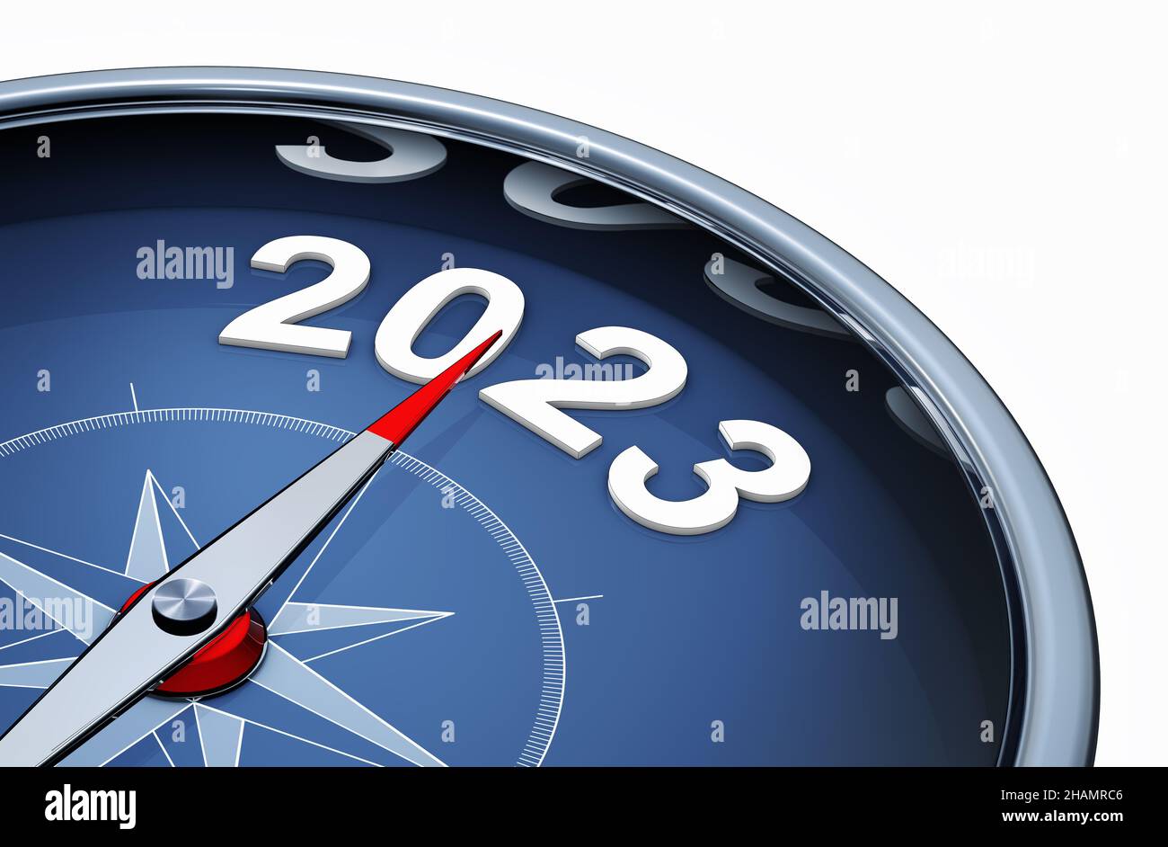 3D illustration of a compass with the year 2023 Stock Photo
