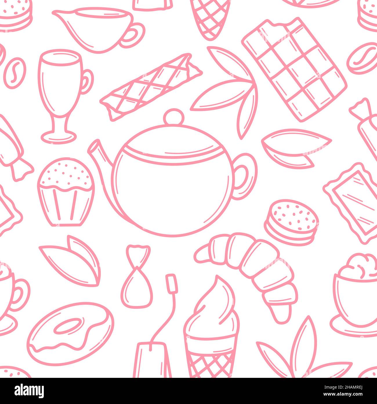 Tea party with sweets seamless pattern in doodle style Stock Vector