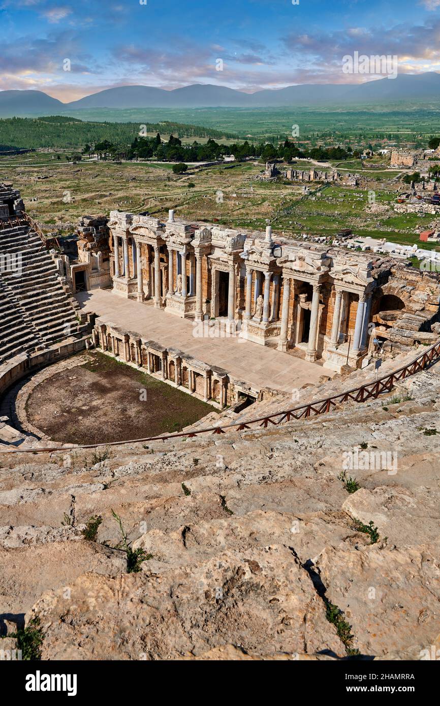 The Roman Theatre of Herapolis, Pamukkale, Turkey.  The Roman theatre was reconstructed over an earlier Greek theatre under the reign of Hadrian after Stock Photo