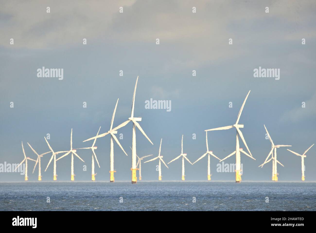 Gwynt y Môr (sea wind)  576-megawatt (MW) offshore wind farm located off the coast of Wales and is the fifth largest operating offshore wind farm Stock Photo