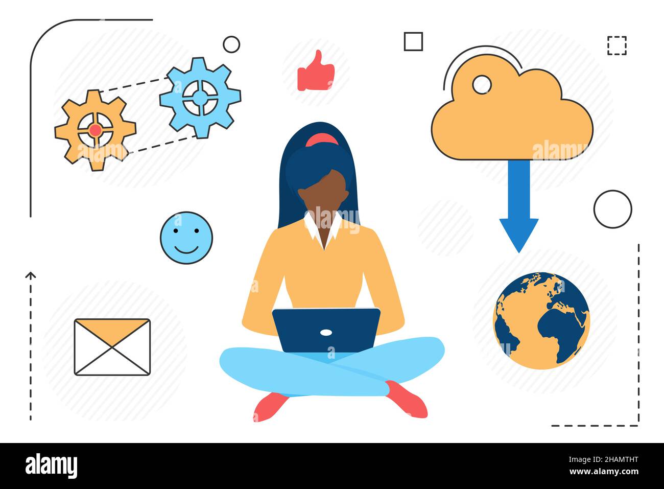 Global data cloud storage source download process. Storing and management company infodata services Stock Vector