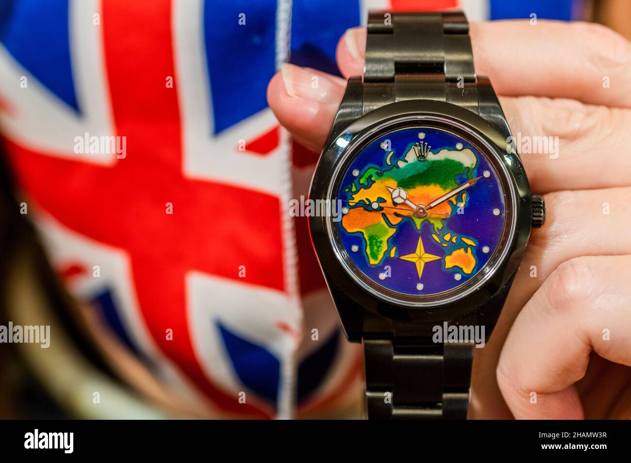 London, UK. 14th Dec, 2021. Rolex customised by Pro Hunter, automatic  bracelet watch with cloisonne enamel world map dial, Explorer, Enamel  Collection, Ref: 214270, No.001, Circa 2013, est £60,000-80,000 - Preview of