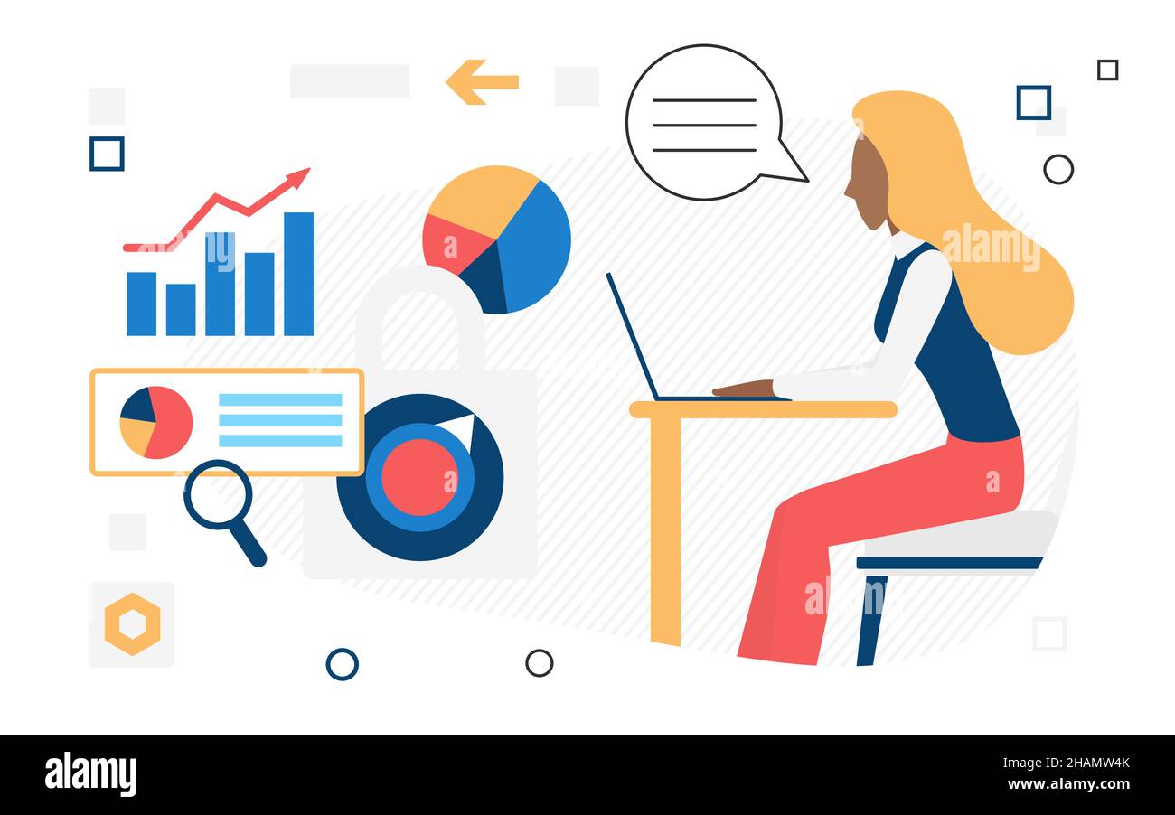 Security business data evaluation reporting tool system. Performance evolution company evidence insights Stock Vector