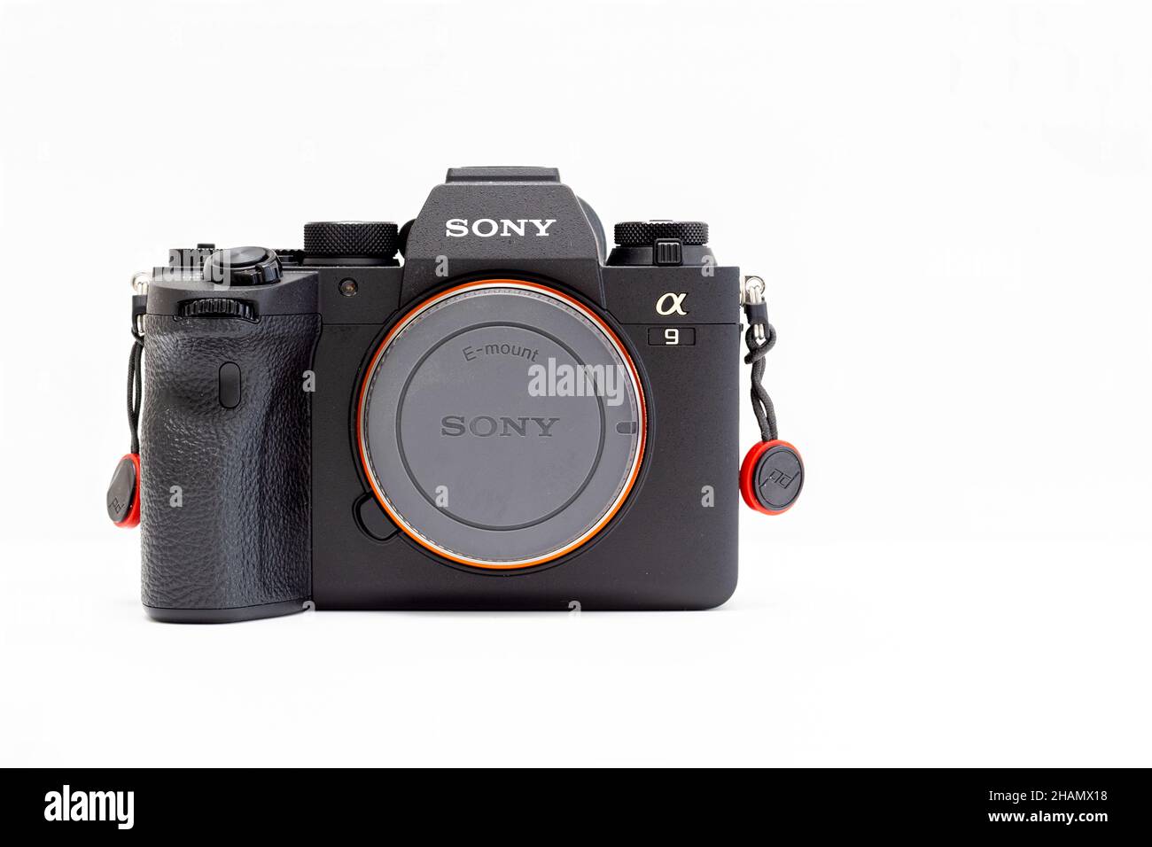 Close up of the front of a Sony alpha A9ii professional digital full frame 35mm camera body Stock Photo