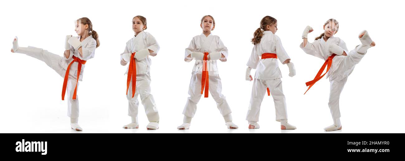 Movements. Sport collage with little girl, young karate in sports uniform posing isolated over white background. Stock Photo