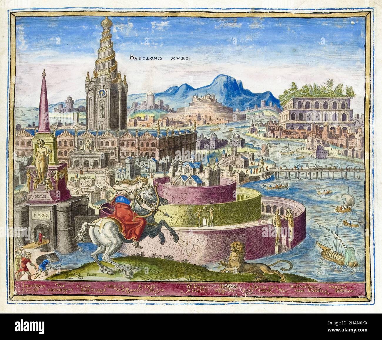 Walls of Babylon, engraving by Philips Galle after Maarten van Heemskerck, 1572 Stock Photo