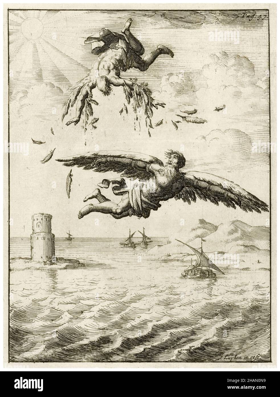 Fall of Icarus, etching by Jan Luyken, 1686 Stock Photo