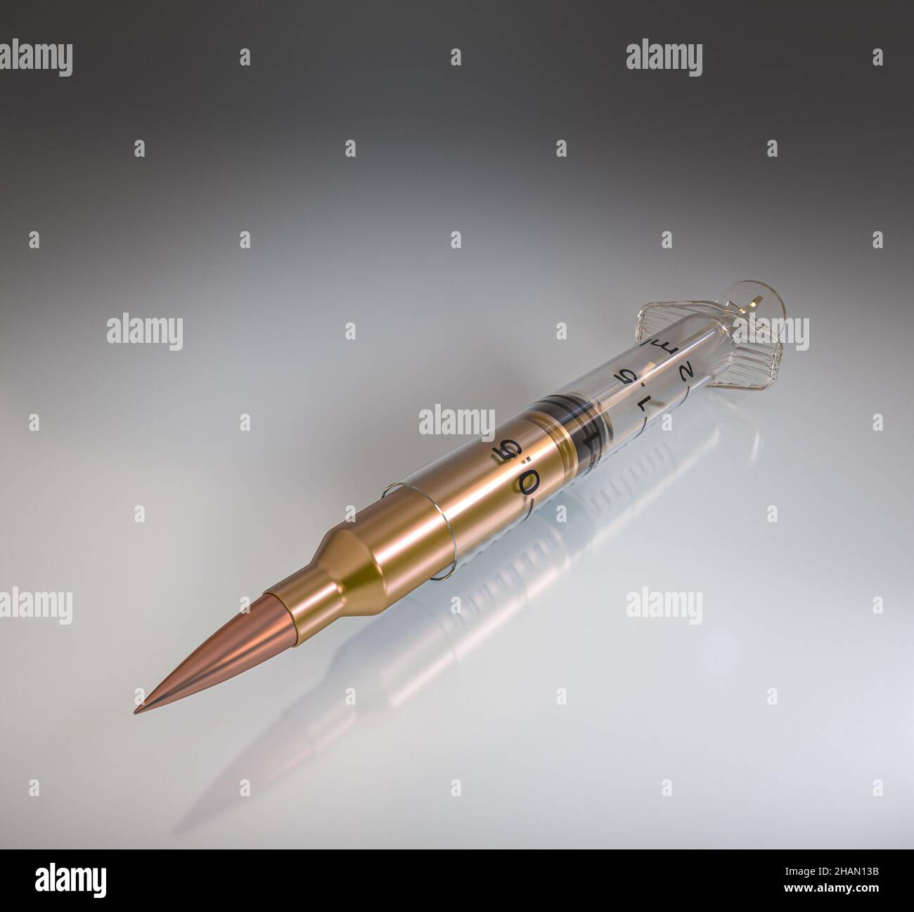 bullet in syringe. concept of dangerousness of drugs. 3d render Stock Photo