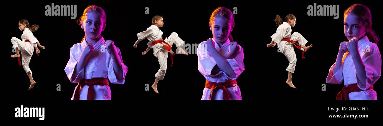 Sport collage with little girl, young karate in sports uniform posing isolated over dark background in purple neon light. Stock Photo
