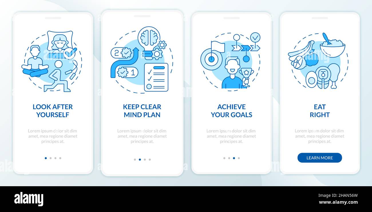 Well balanced life tips blue onboarding mobile app screen Stock Vector ...