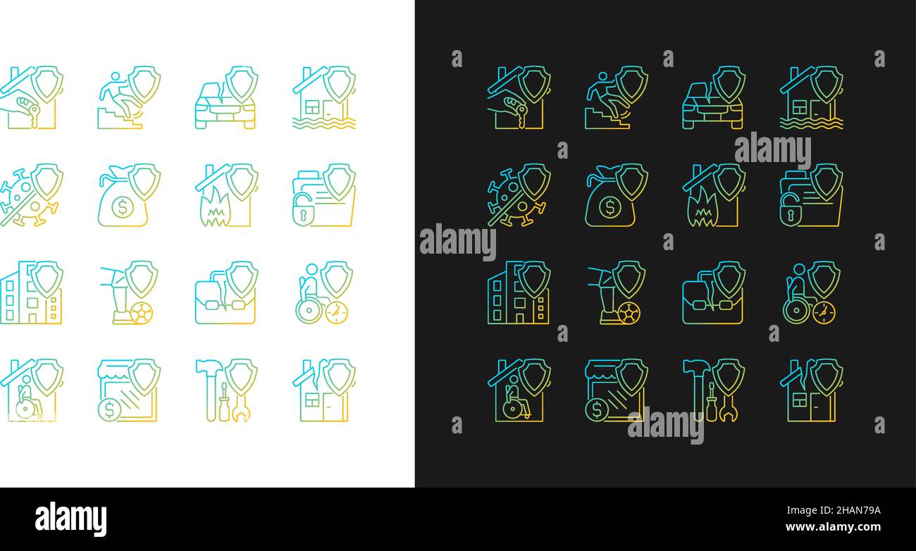 Insurance cases gradient icons set for dark and light mode Stock Vector