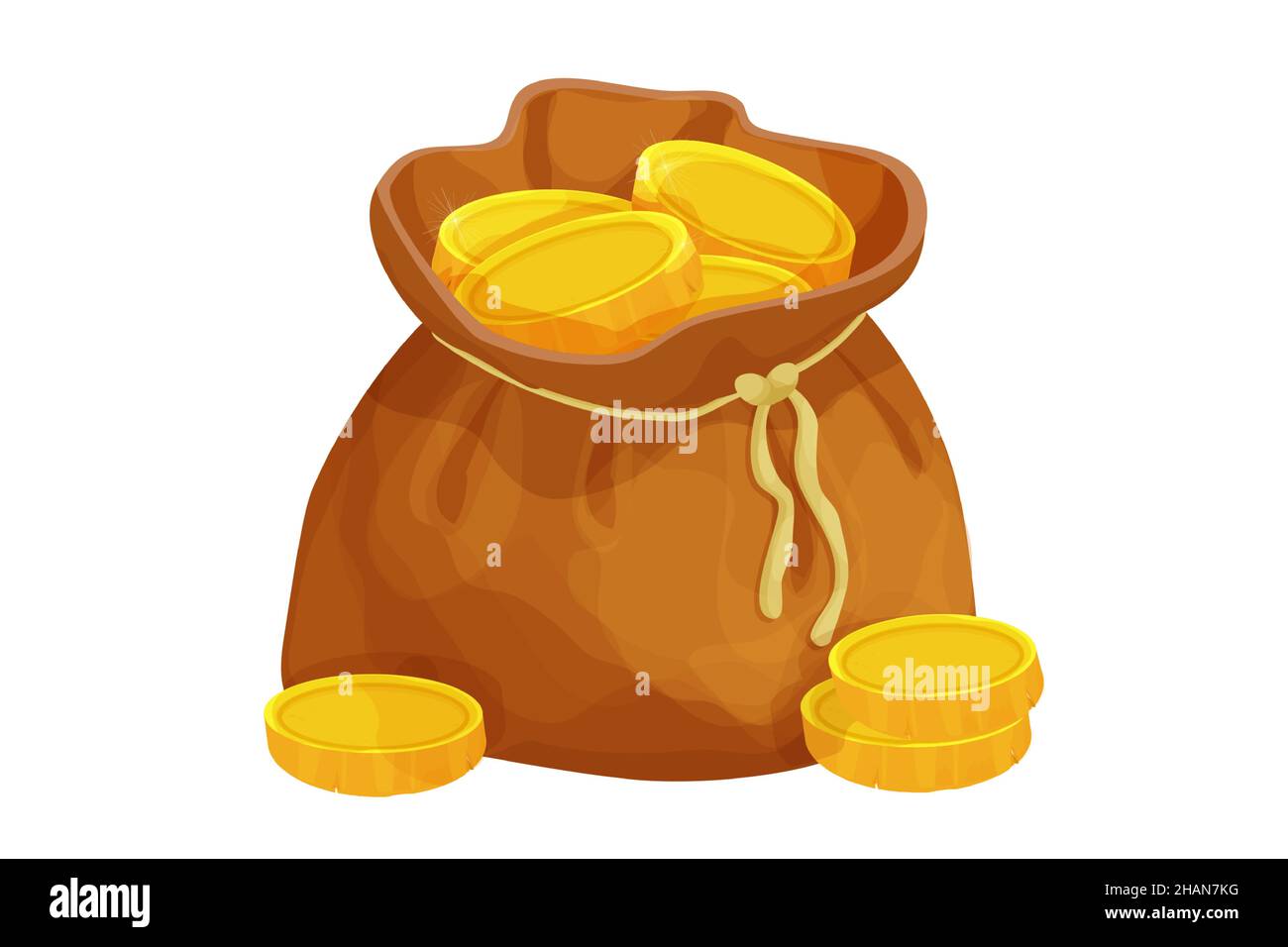 Old bag with golden coins in cartoon style isolated on white background. Money bag, treasure obgect. Ui icon, asset. Vector illustration Stock Vector