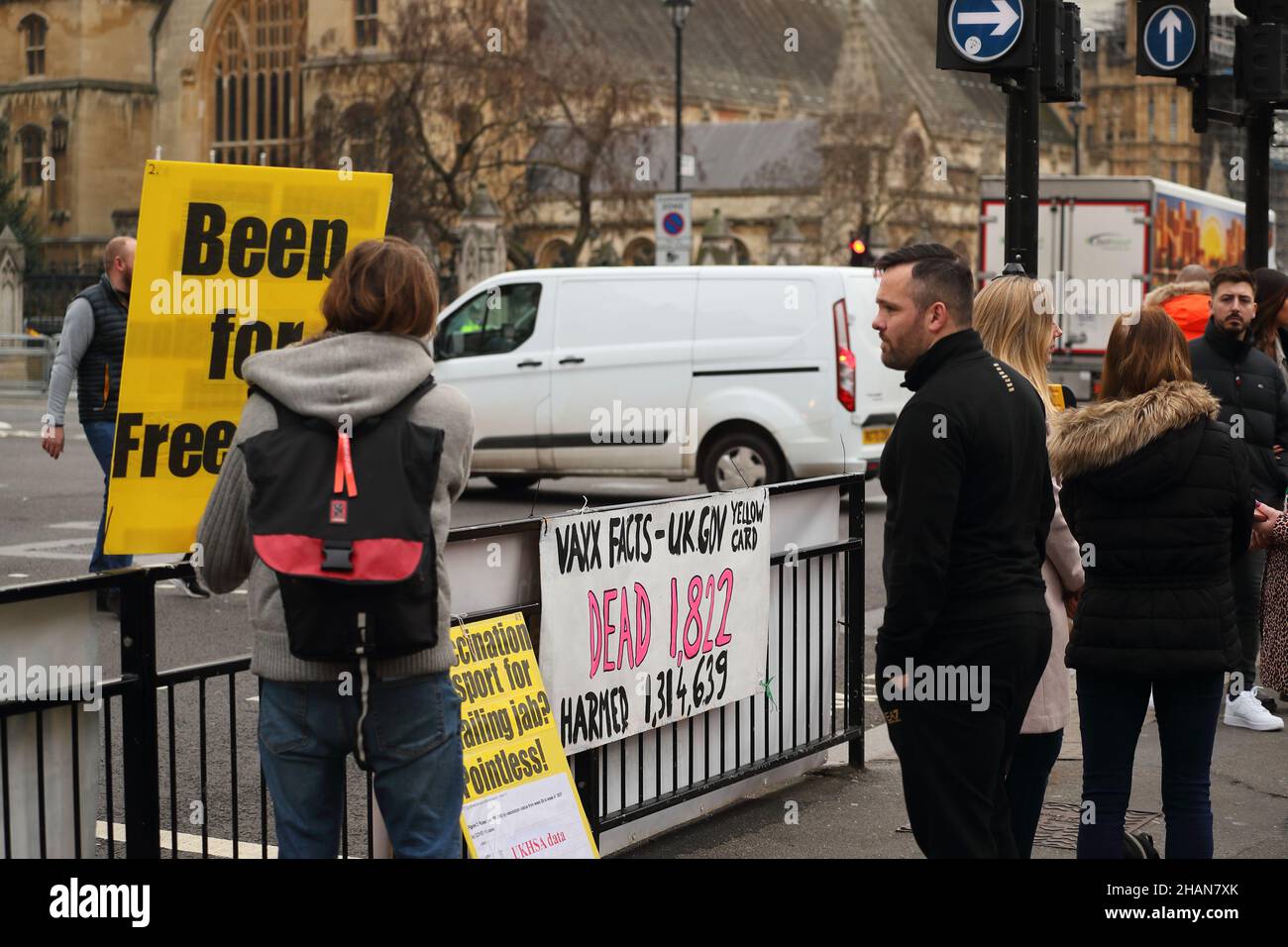 London, UK. 14th Dec, 2021. A small group of anti-vaxxers demonstrate in Parliament Square in protest against Covid vaccinations. Credit: Uwe Deffner/Alamy Live News Stock Photo