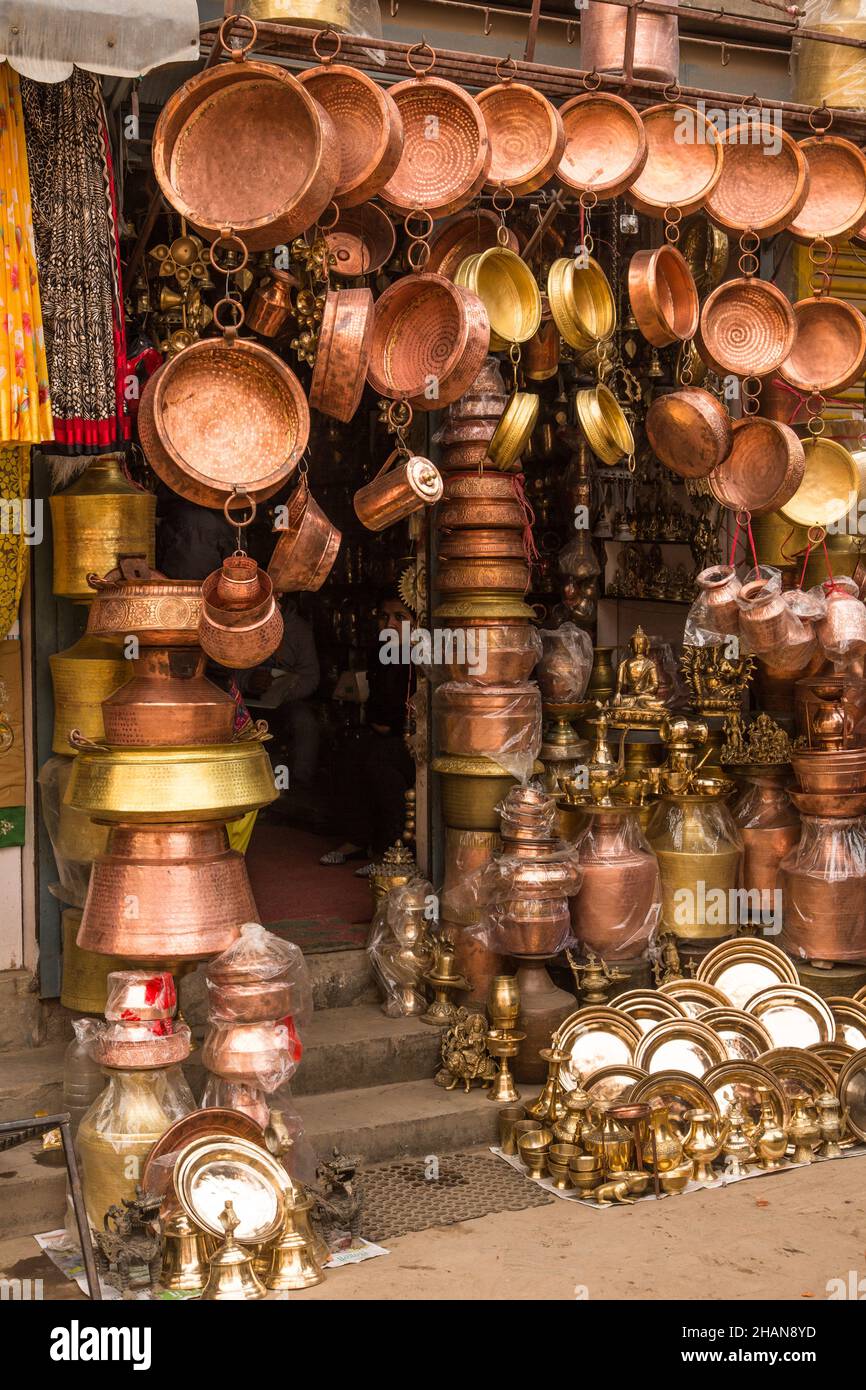 Copper goods on display for sale at copperware shop in Kathmandu, Nepal