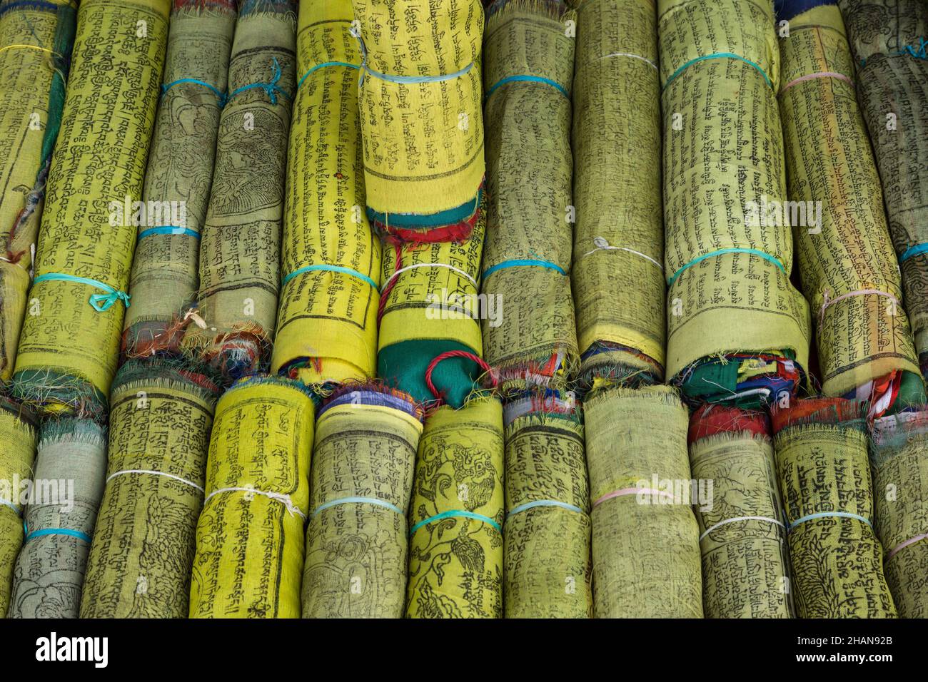 Rolls of Tibetan Buddhist prayer flags for sale by the Swayambhunath