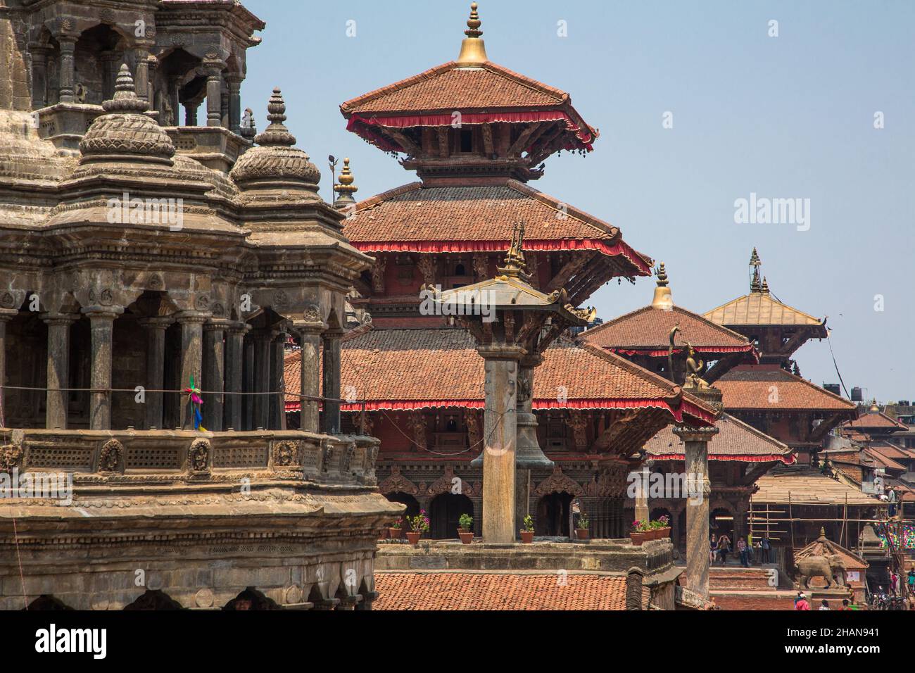Hindu temples of the Patan Durbar Square, left to right:  Krishna, Taleju Bell, Harishankar, Vishwonath & Bhimsen Temples.  Nepal. Stock Photo