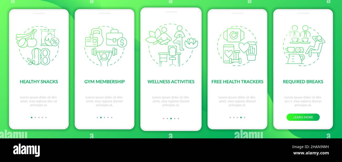 Employee health perks onboarding mobile app page screen Stock Vector ...