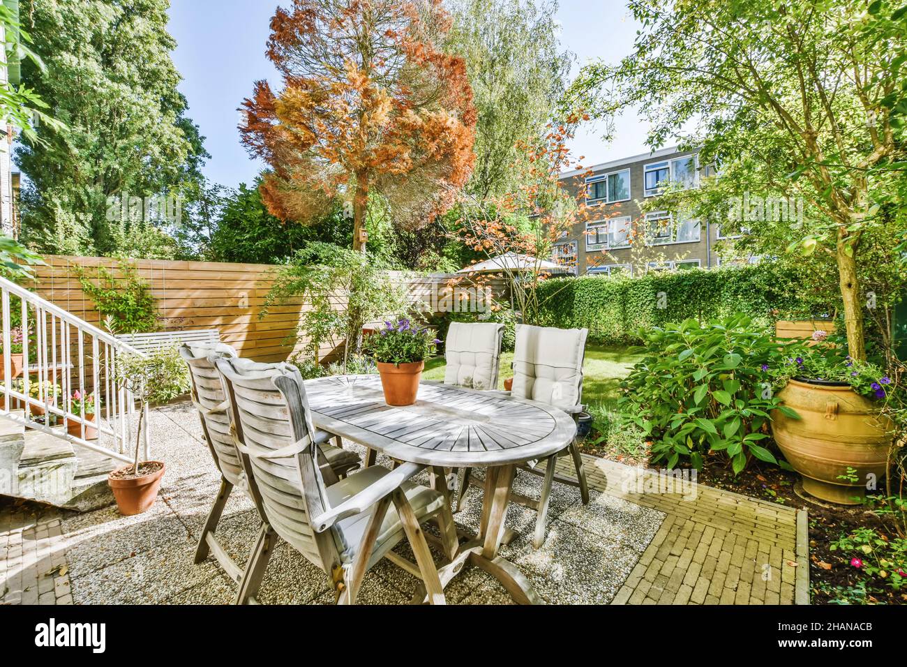 Delightful landscape of the courtyard of the house with greenery Stock
