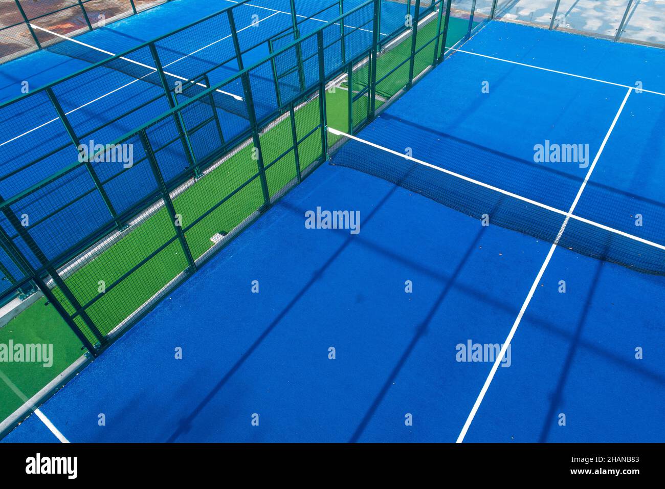 Aerial view with drone, overhead shot of a paddle tennis courts Stock