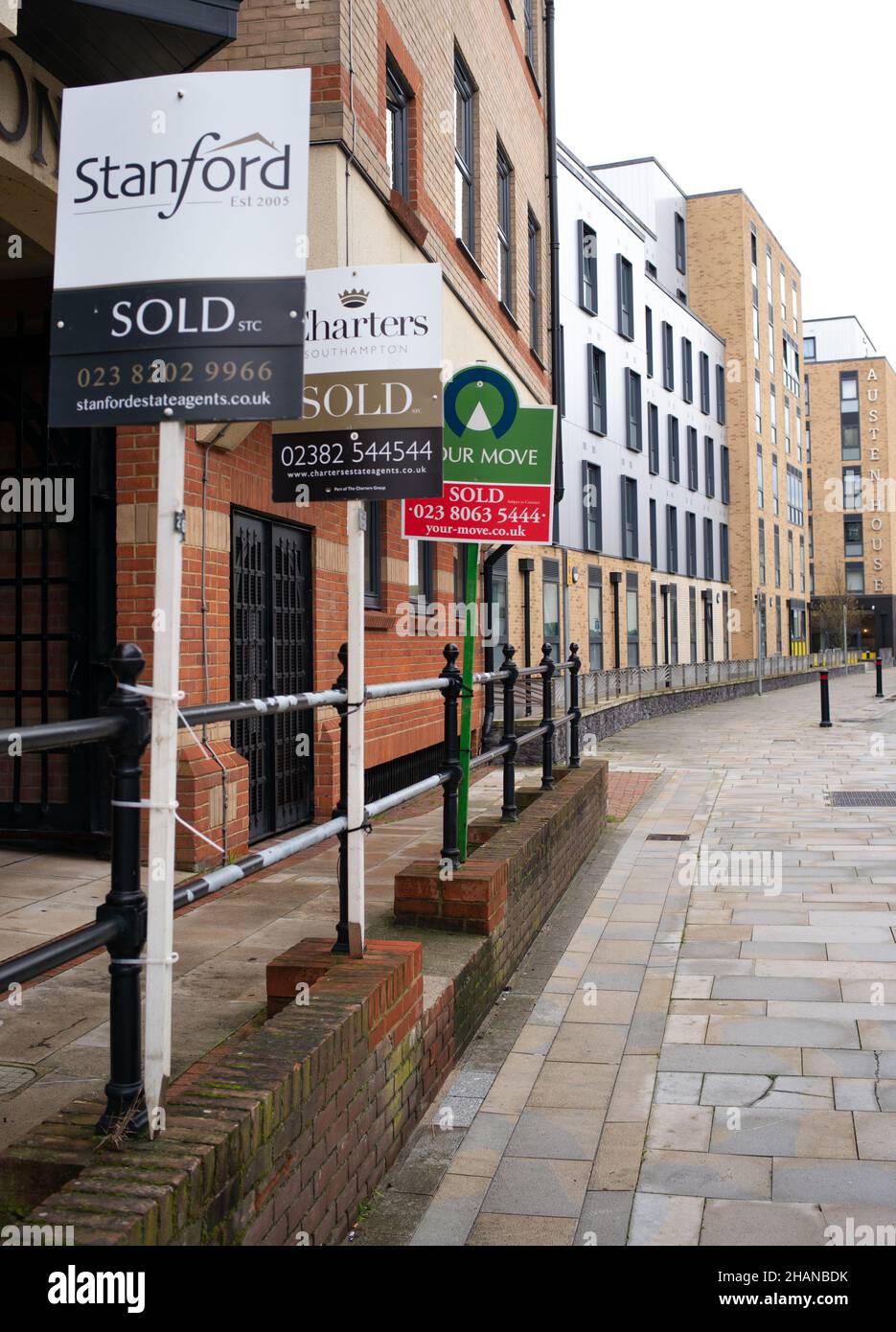 Variety of  Sold signs displayed outside a flat complex in Southampton City Centre. Stock Photo