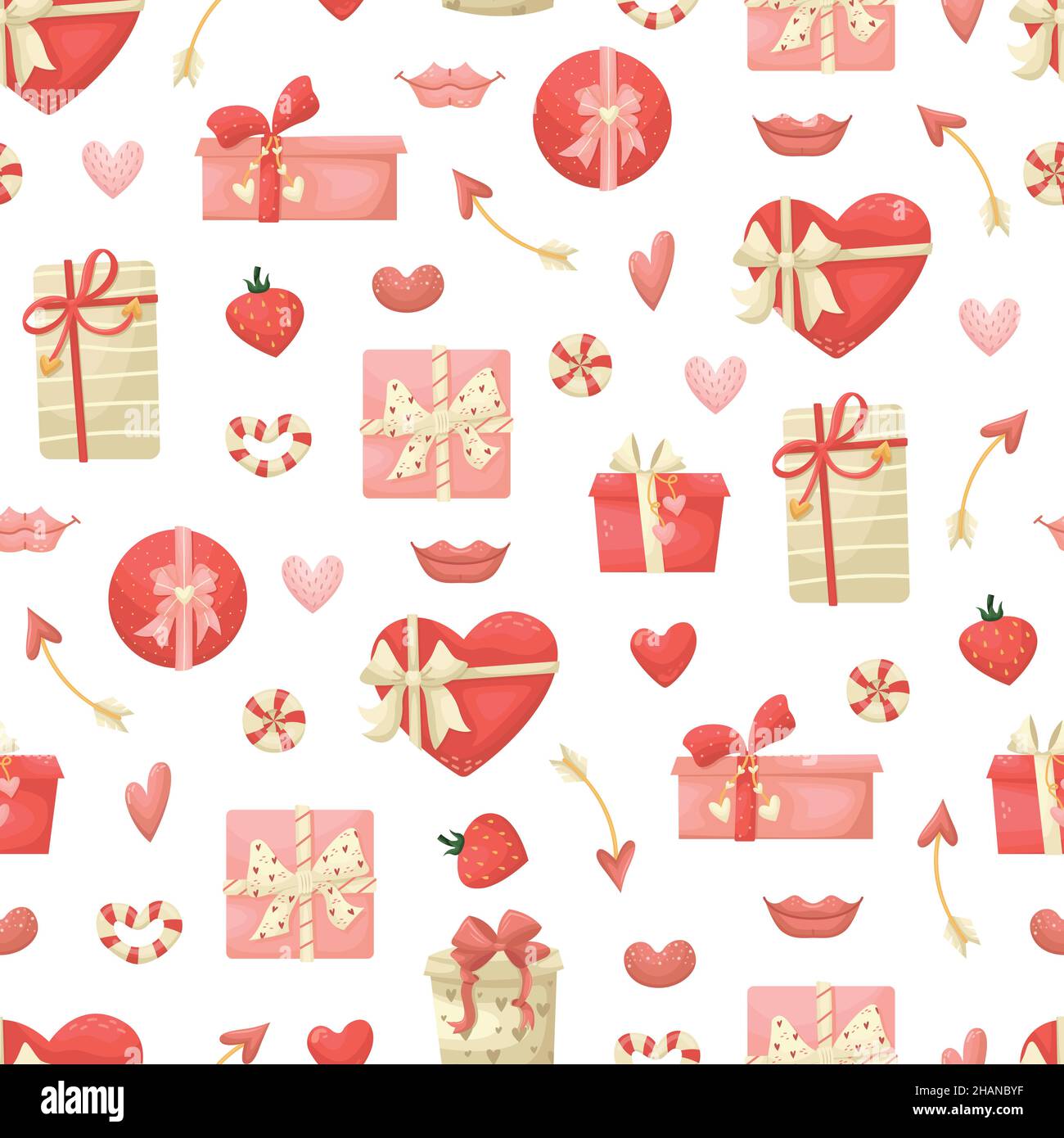 Vector seamless pattern with gift boxes, hearts and lips. Valentine's day background in flat style. Stock Vector
