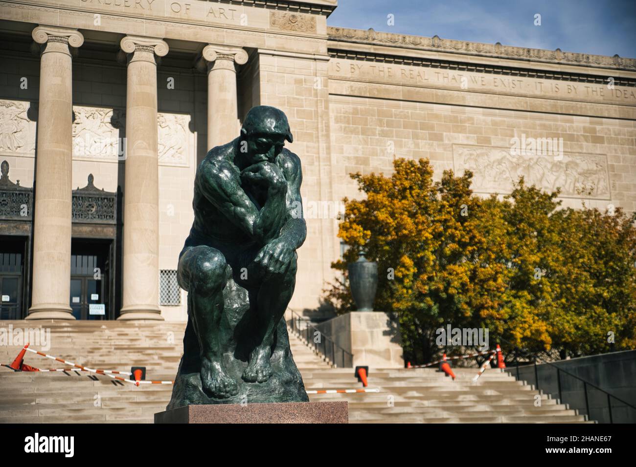 KANSAS CITY, UNITED STATES - Nov 07, 2021: The Thinker, a bronze sculpture by Auguste Rodin at Nelson Atkins Art Museum Stock Photo