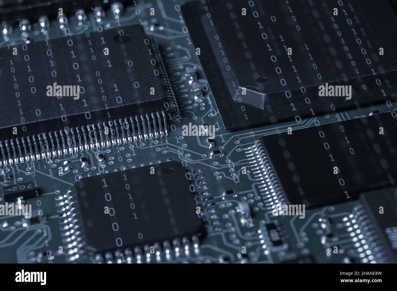 printed circuit board with active and passive surface mounted components close up Stock Photo