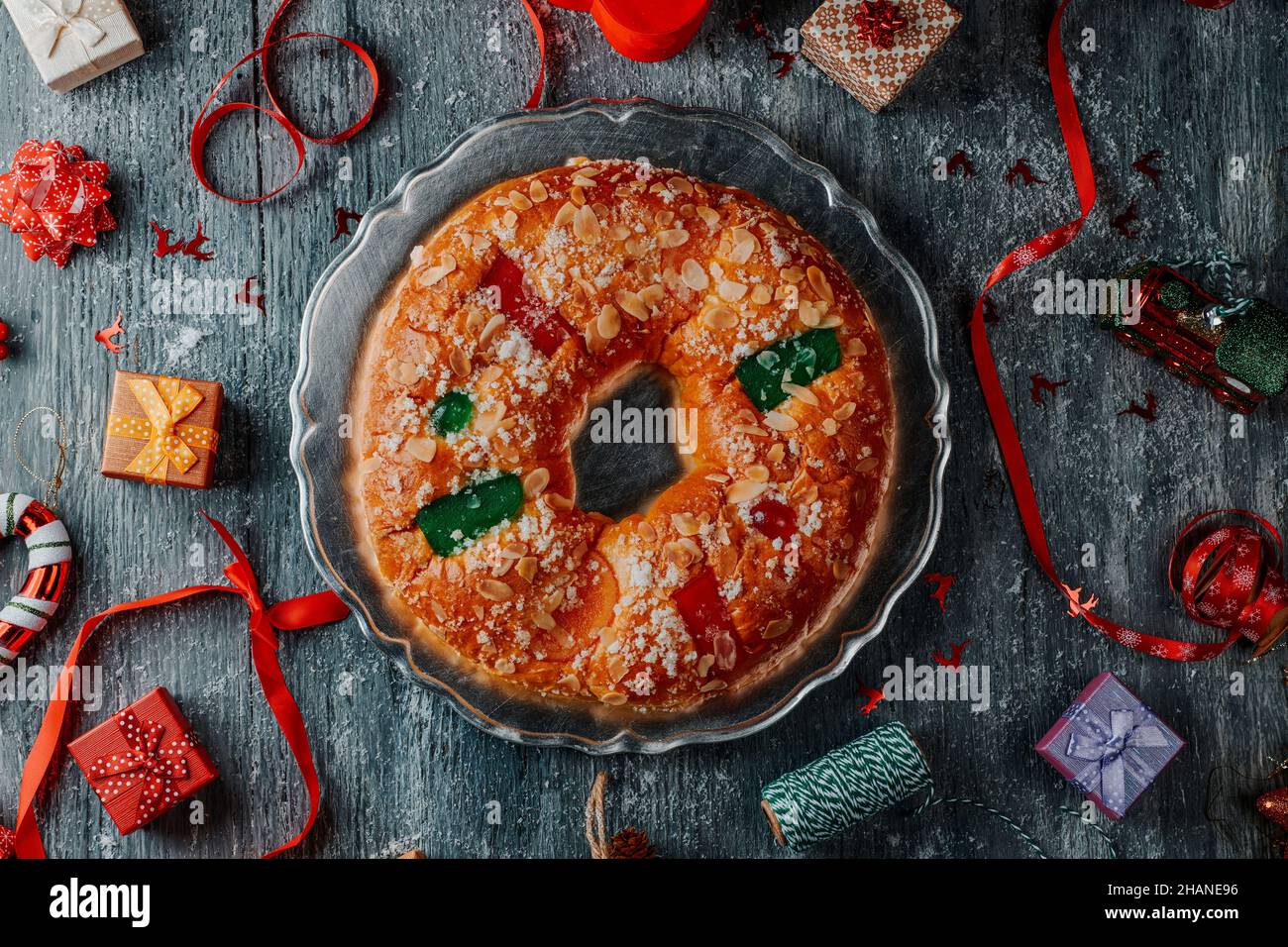 high angle view of a spanish roscon de reyes, the typical three kings