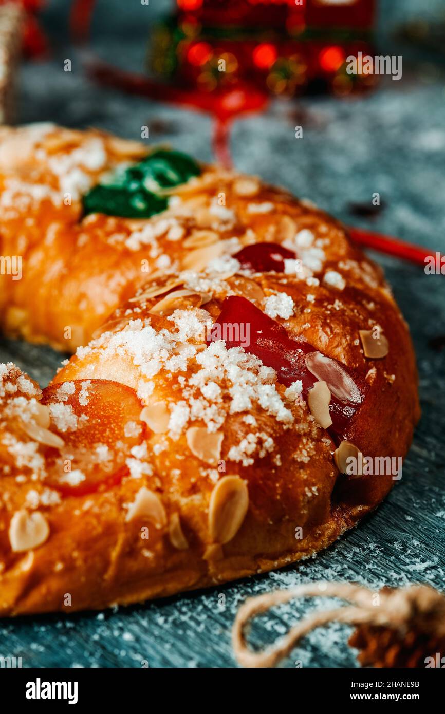 closeup of a spanish roscon de reyes, the typical three kings cake