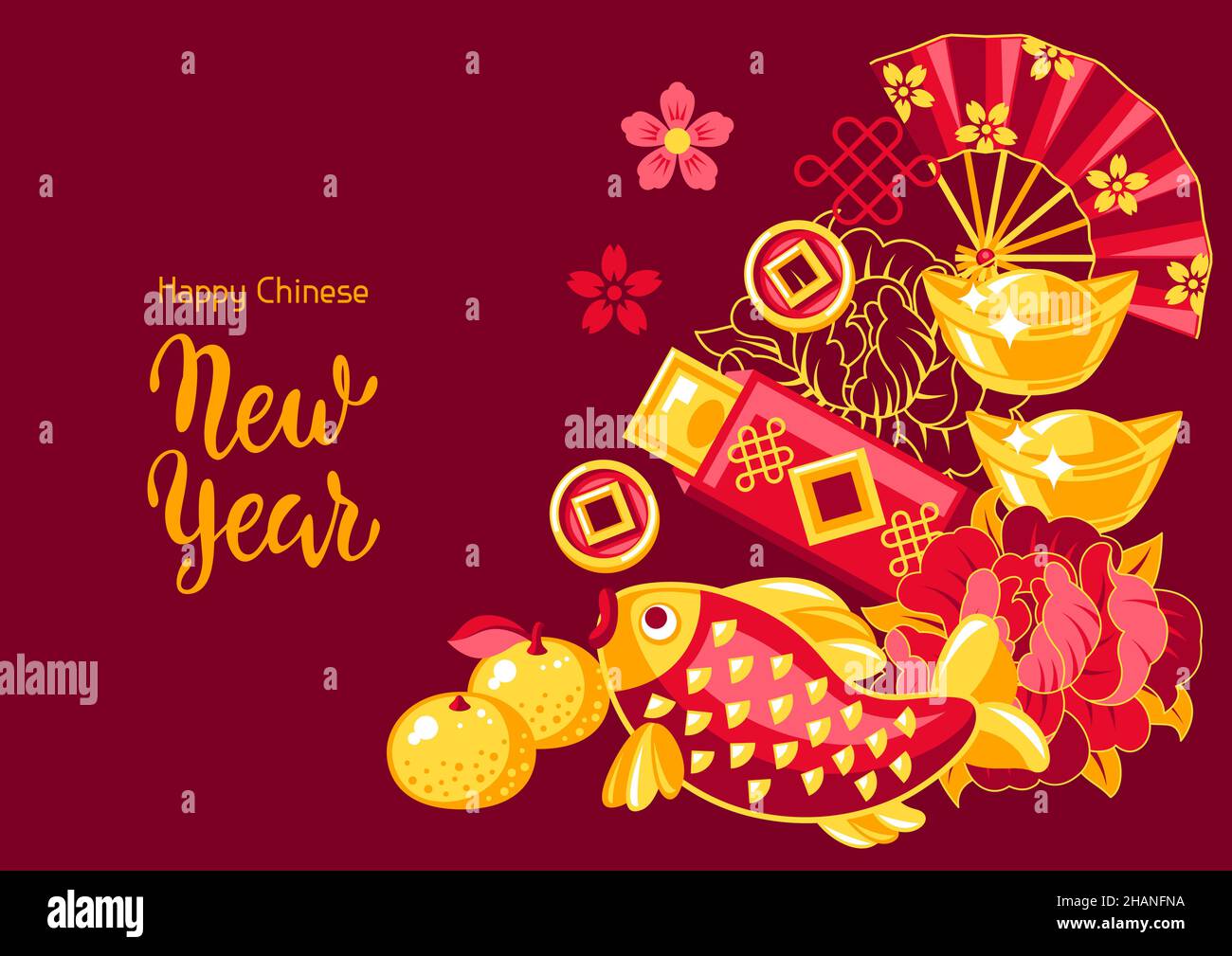 Happy Chinese New Year greeting card. Background with talismans and