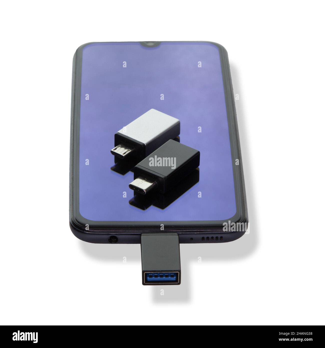 Phone or smartphone with USB OTG data transfer connected to a USB flash