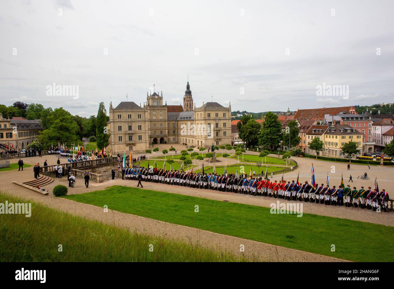The 151st Coburg Covent is on this weekend in Coburg Germany. They gathered in front of Ehrenburg Castle for a parade and march through Hofgarten. Stock Photo