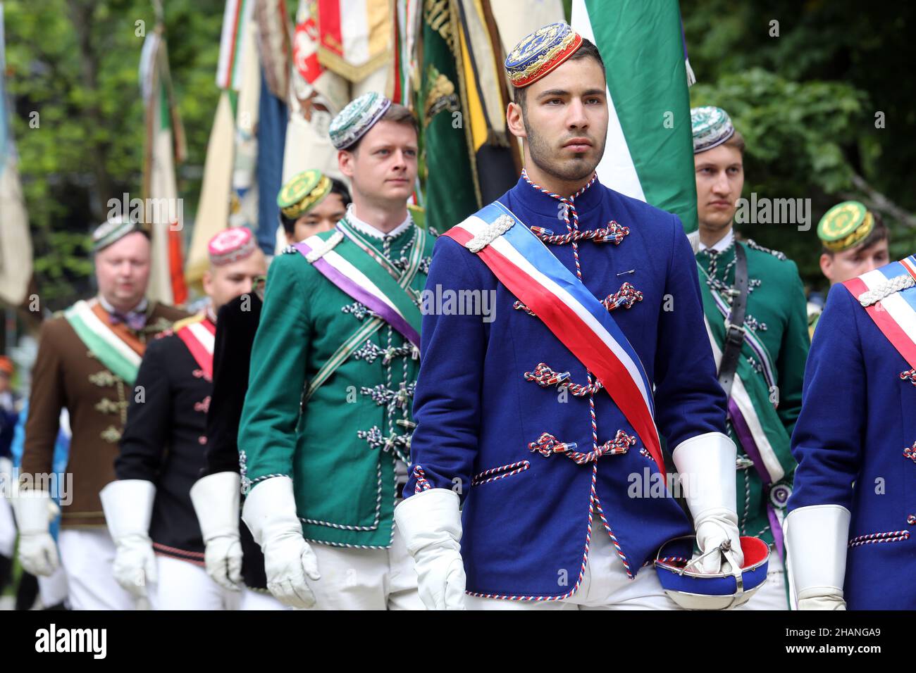 Participants in a Coburg Convent ceremony, parade through the Hofgarten in Coburg today. The 151st Coburg Covent is underway this weekend in Coburg Ge Stock Photo