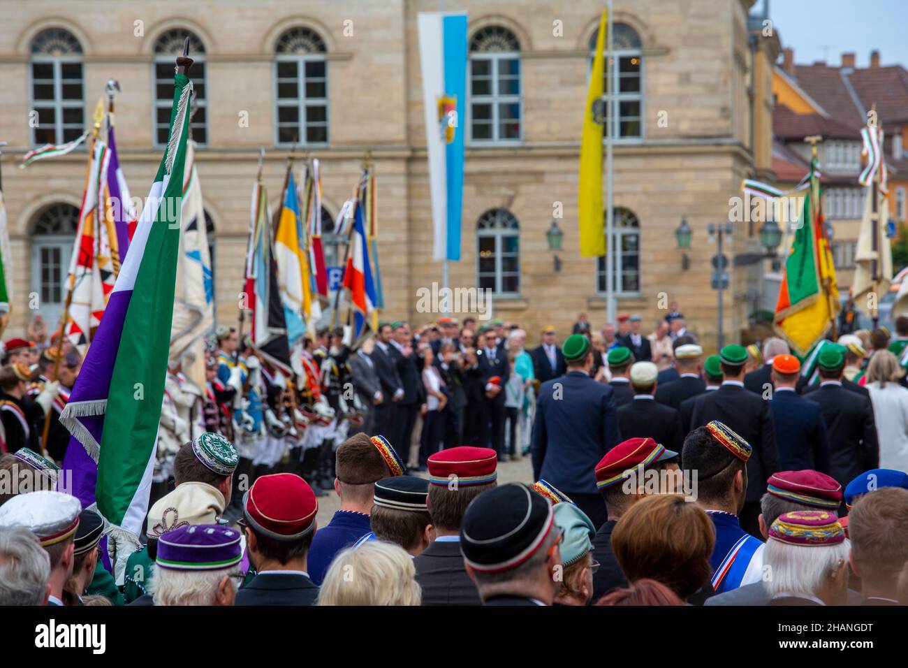Members of traditional student associations enter Schlossplatz in Coburg, Germany today. The 151st Coburg Covent is underway this weekend in Coburg. T Stock Photo