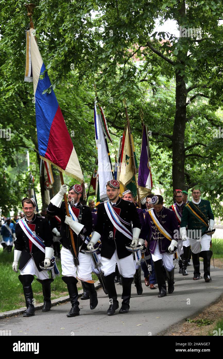 Participants in the Coburger Convent march through the Hofgarten in the town this morning. The 151st Coburg Covent is underway this weekend in Coburg. Stock Photo