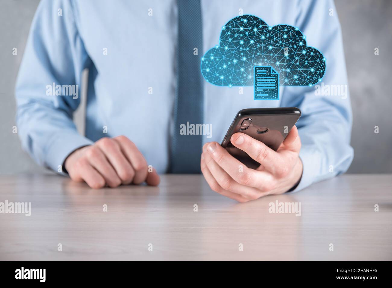 Cloud technology. Polygonal wireframe cloud storage sign with document icon on dark blue. Cloud computing, big data center, future infrastructure, dig Stock Photo