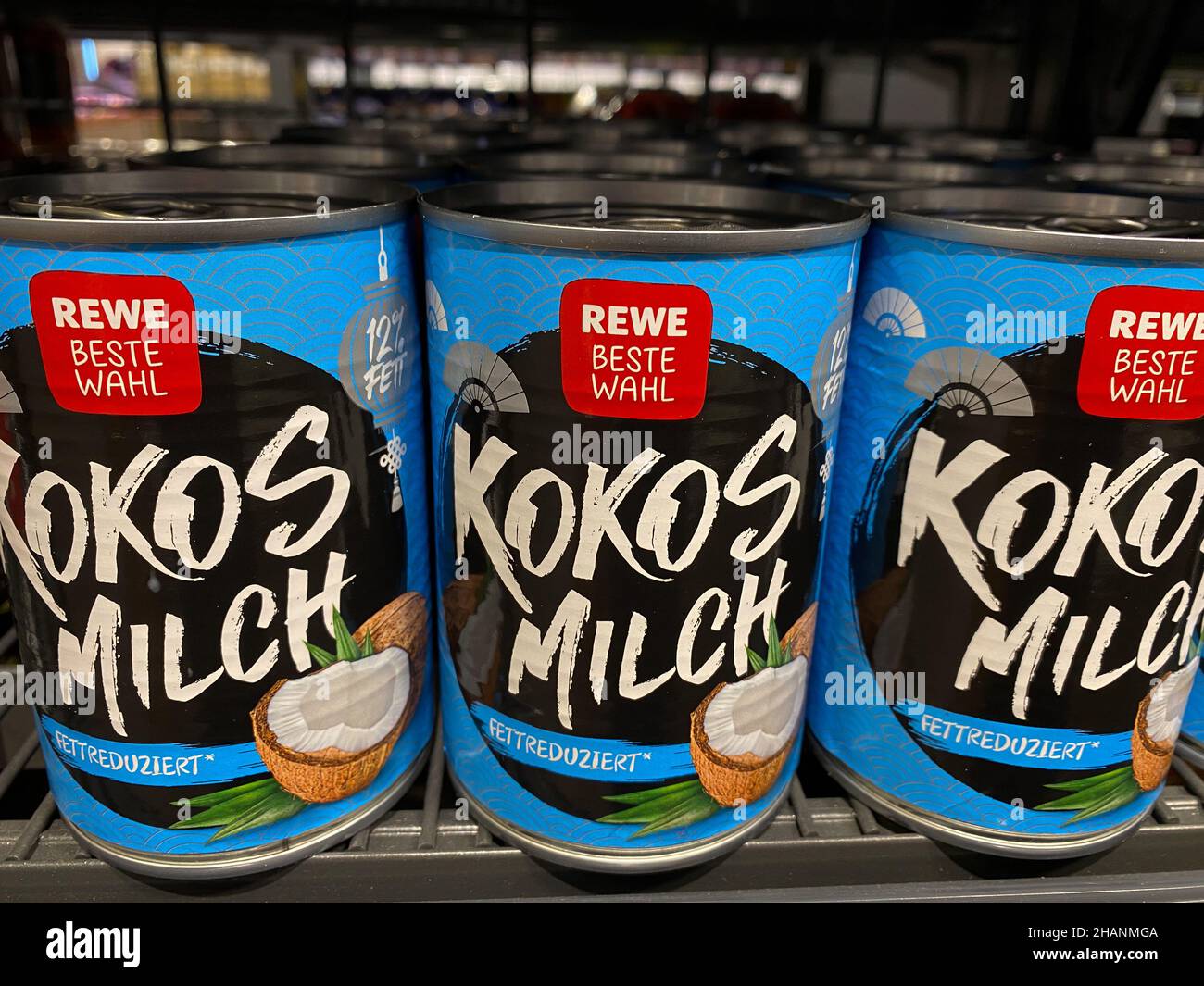 RHEINBACH, GERMANY 03 February 2021, Several cans of Rewe coconut milk