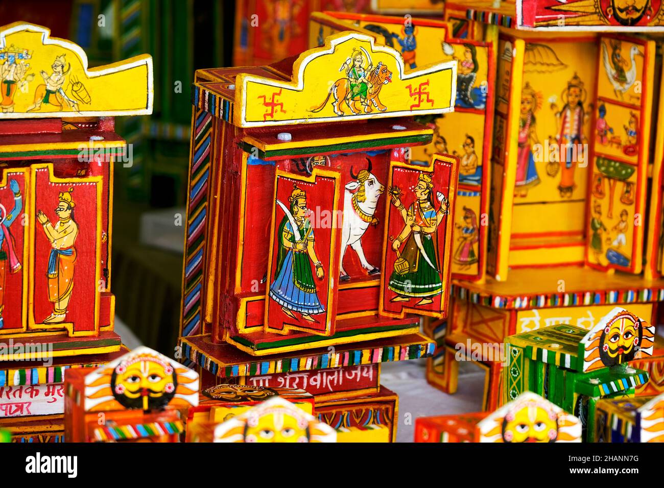Traditional handmade Colorful Temple made from wood, wooden, selective focus. Stock Photo