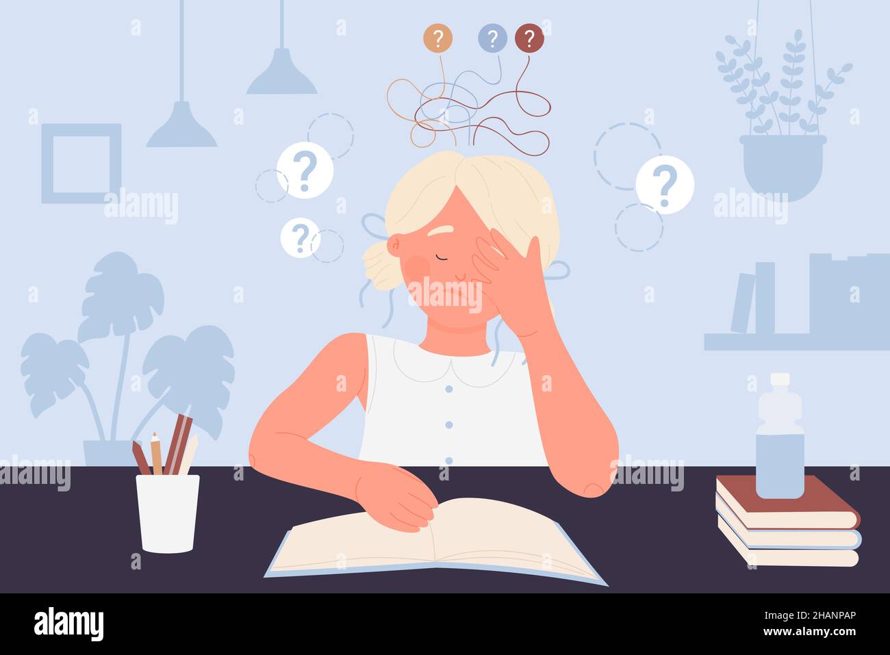 School student with hard choice vector illustration. Cartoon unhappy confused kid doing complicated homework test with stress, child sitting at desk to study. Education, difficulty in exam concept Stock Vector Image & School student with hard choice vector illustration. Cartoon unhappy confused kid doing complicated homework test with stress, child sitting at desk to study. Education, difficulty in exam concept Stock Vector Image &