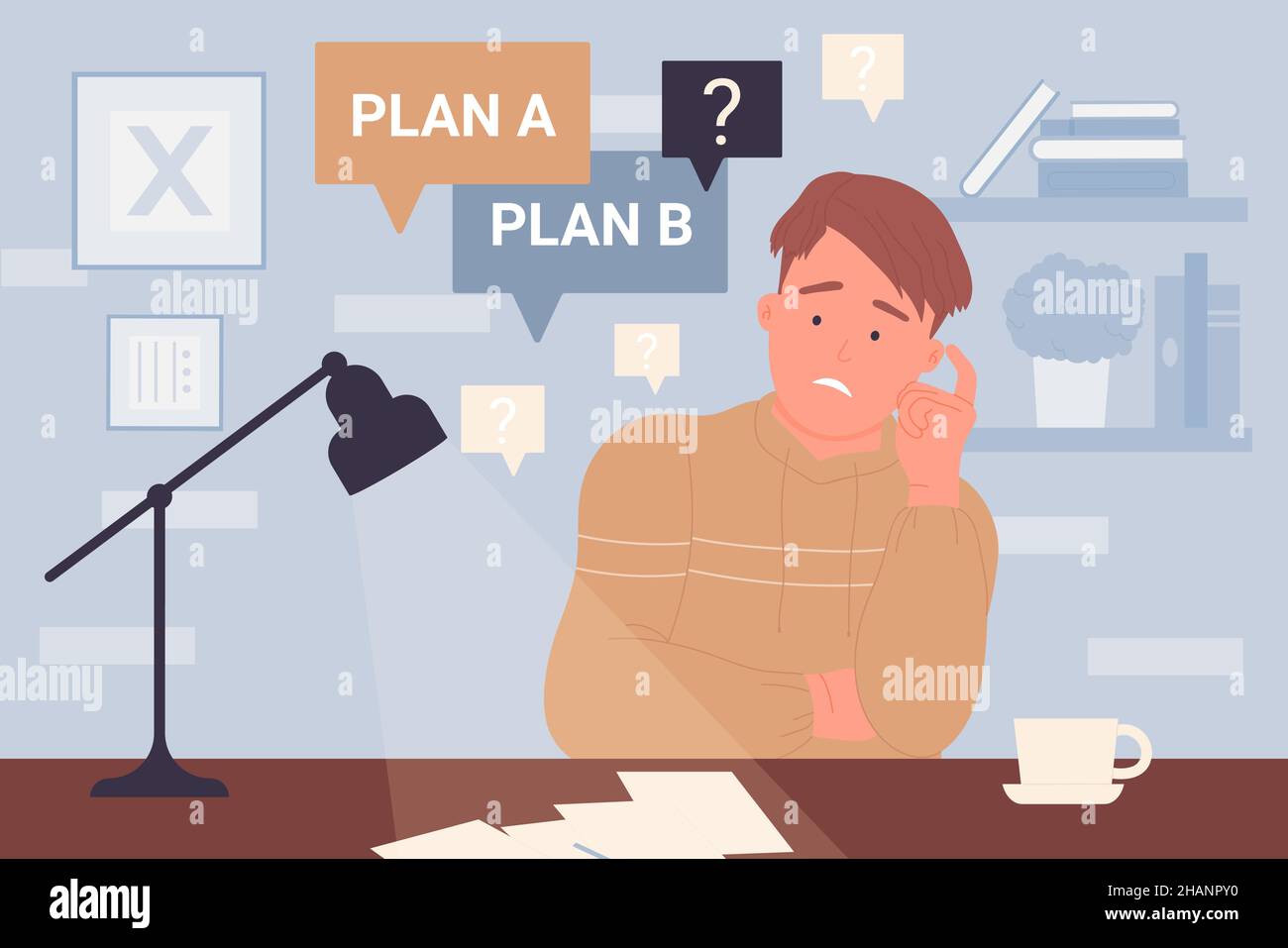 Man with question mark and two option for solving problem vector illustration. Cartoon young guy with dilemma sitting at desk with lamp, employee or student making decision of creative situation Stock Vector