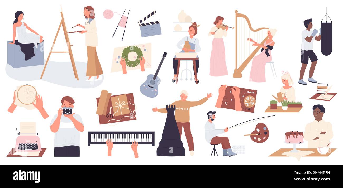 Creative art hobby set vector illustration. Cartoon happy artist people playing musical instrument, photographer standing with camera, artist with brush and easel isolated on white. Creativity concept Stock Vector