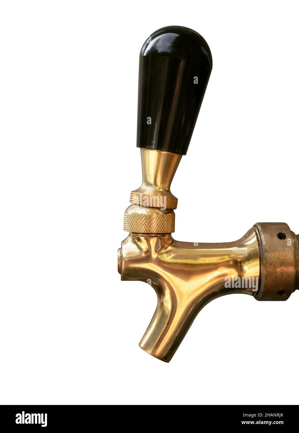 Brass beer tap or beer faucet, side view. Close up of standard or rear-closing faucet. Yellow gold forged faucet body and black tap knob Stock Photo