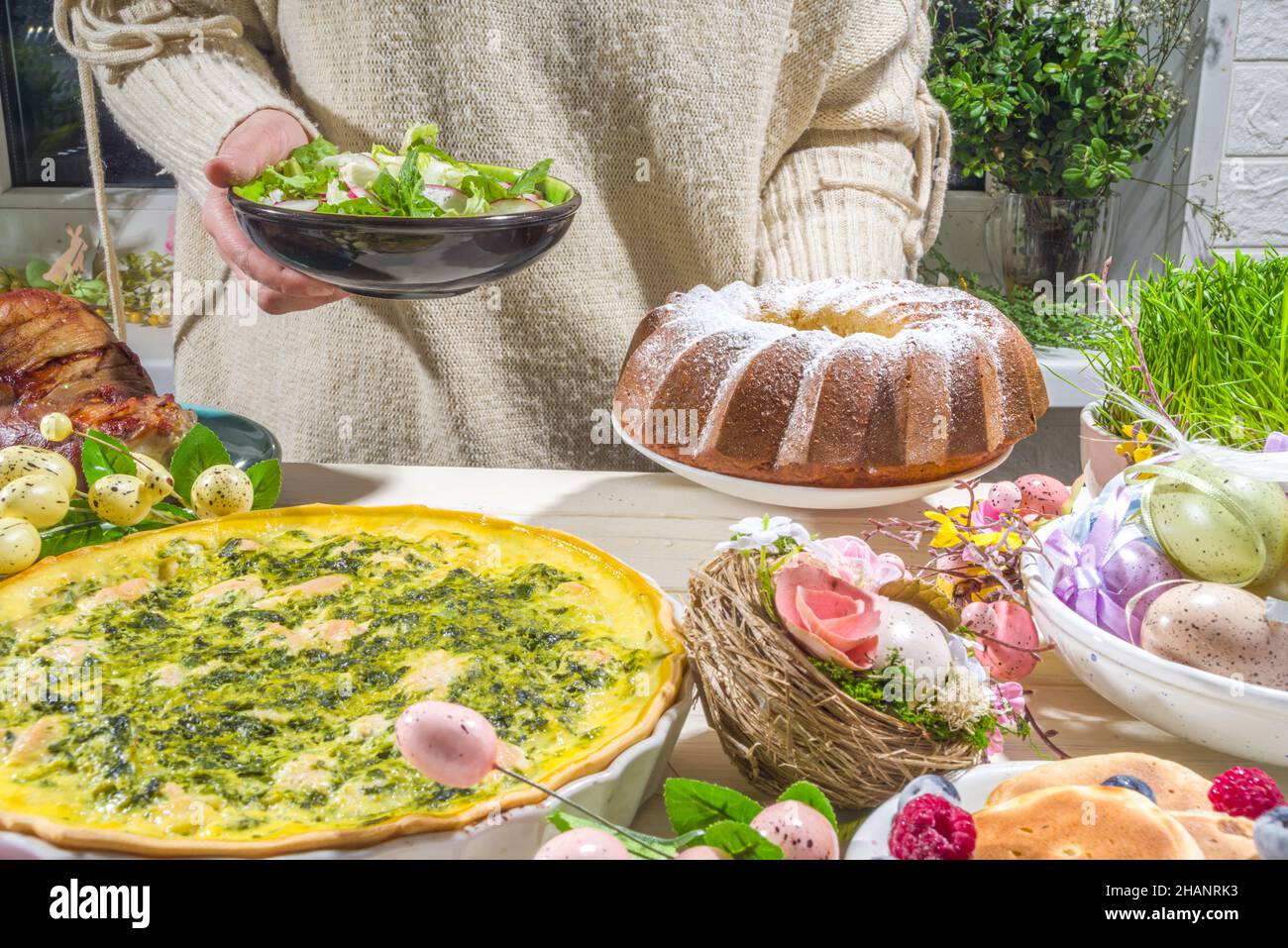 Festive dinner, Easter brunch. Traditional Easter dishes on family home