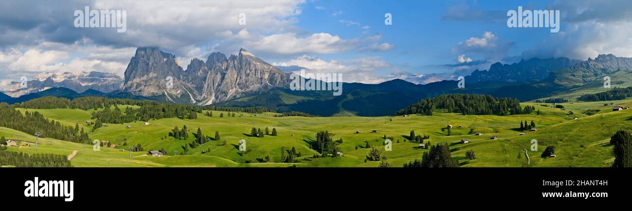 A summer mountain panorama with lush green alpine meadows and a few clouds and a blue sky on the Seiseralm in South Tyrol. Stock Photo