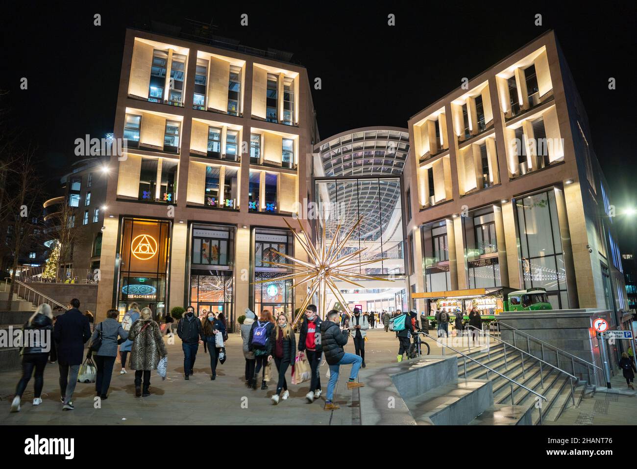 Night view of exterior of St James Quarter shopping and entertainment centre with Christmas decorations in Edinburgh, Scotland, UK Stock Photo