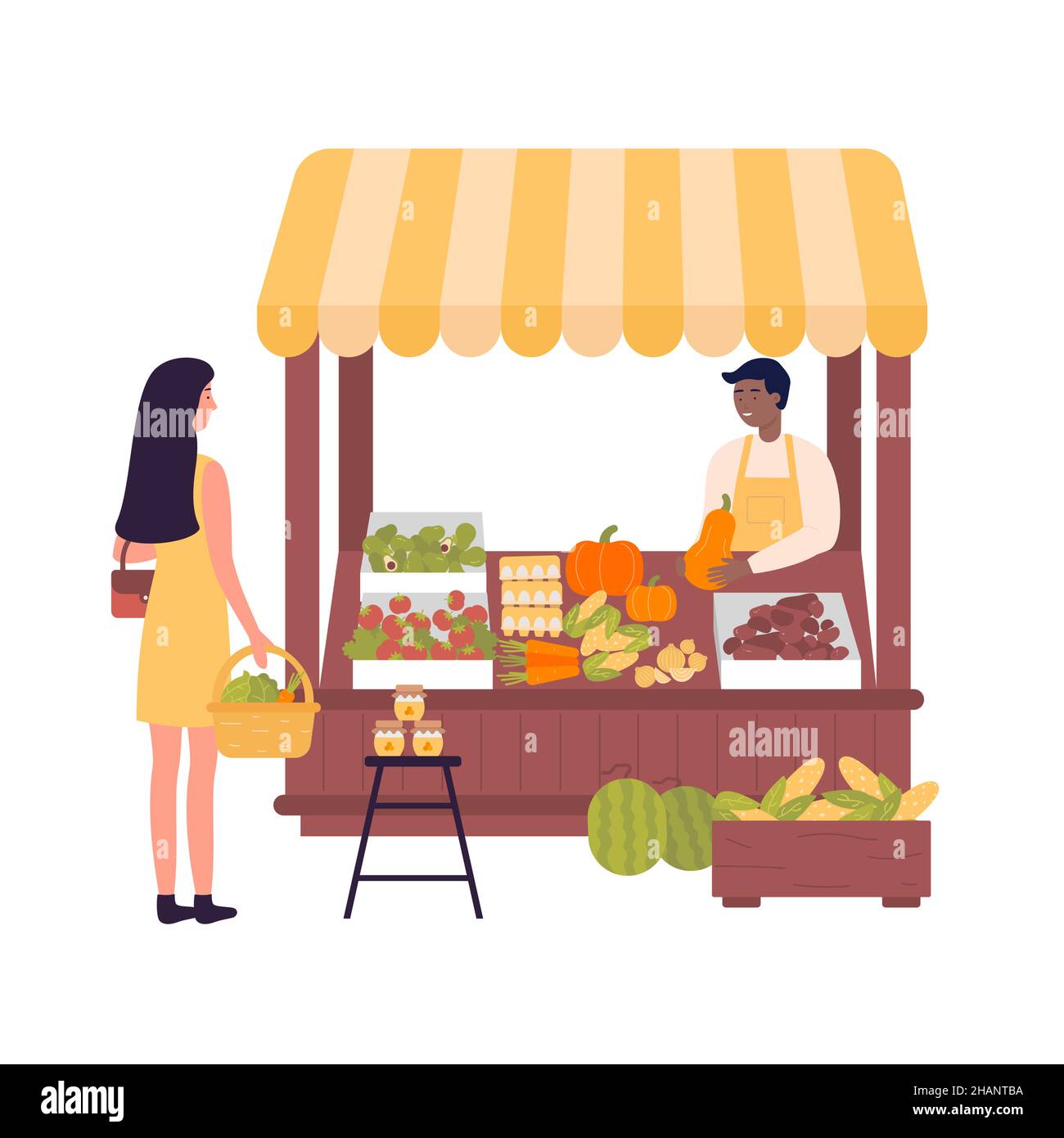 Woman purchasing fresh products at local market. Biological and eco food farming and selling flat vector illustration Stock Vector