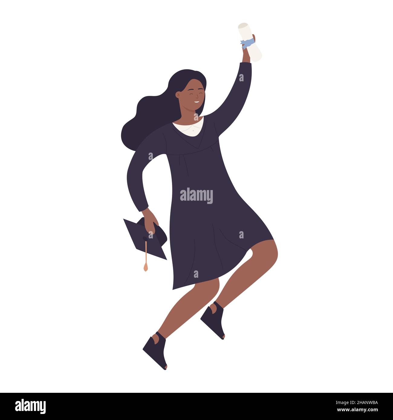 Happy excited girl holding graduation diploma. Jumping dark skin female graduate cartoon vector illustration Stock Vector